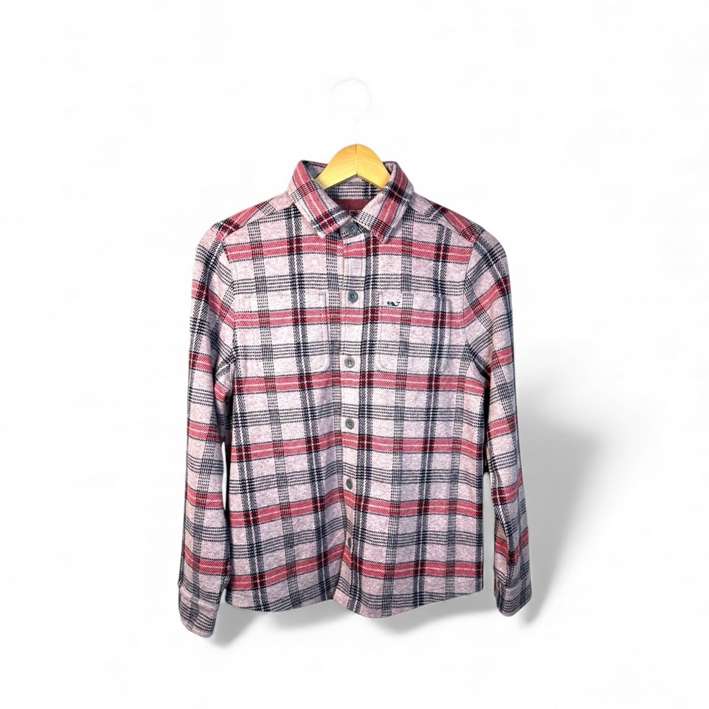 Vineyard Vines Boys Calmwater Flannel Shacket Plaid Red Grey Heather M 12-14 NEW